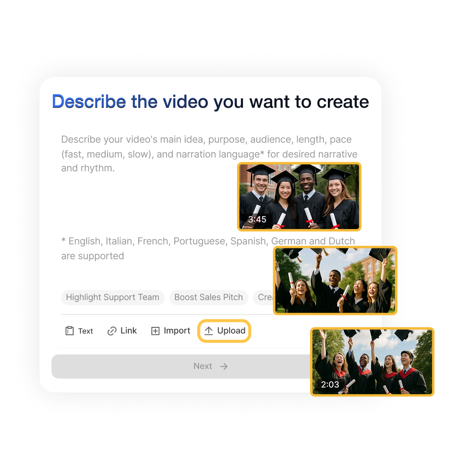 Upload graduation footage and photos using Visla’s Graduation Video Creator.